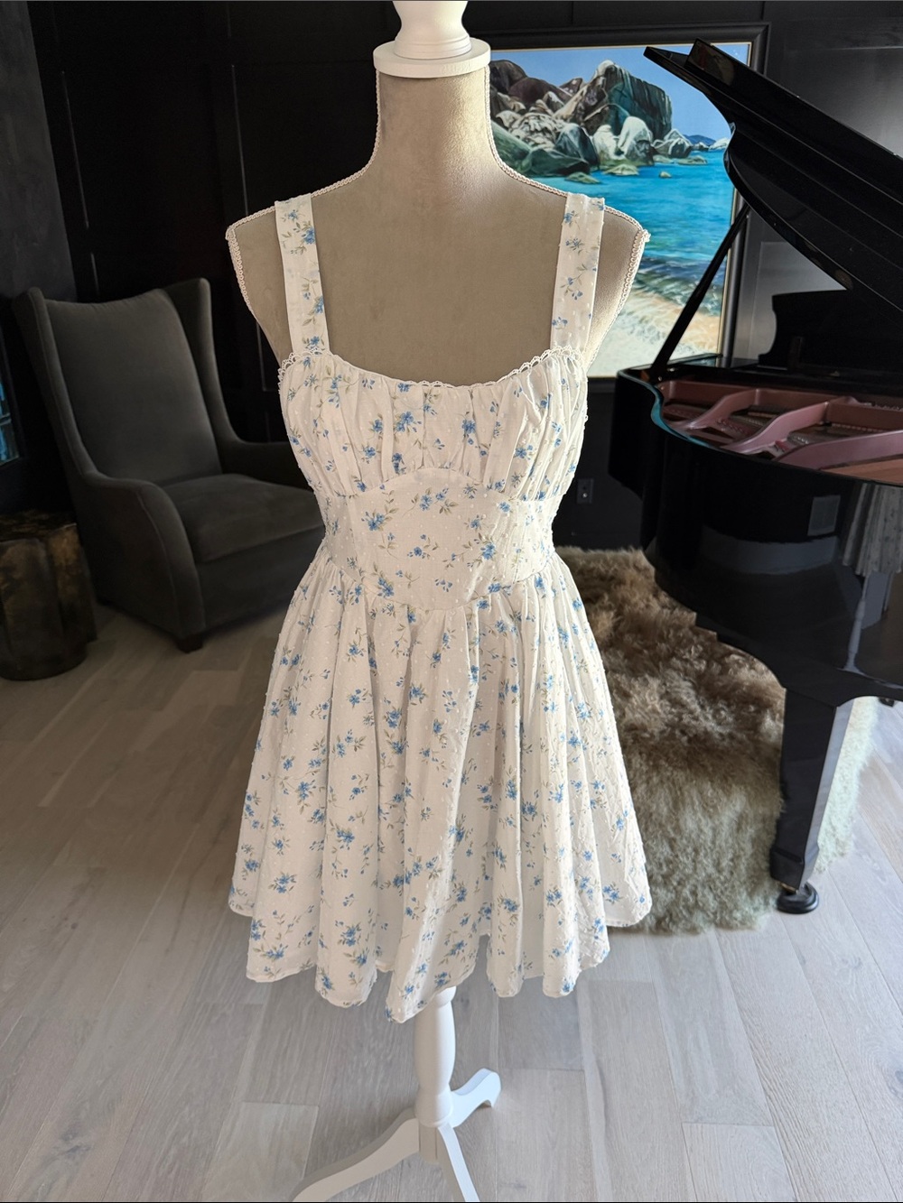 Altar'd State White Mini Dress with Delicate Blue Floral Print